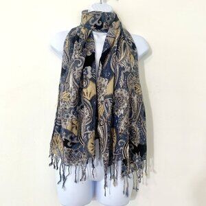 100% Viscose Shawl Scarf Body Wrap Blue Floral Paisley Design- Made In India